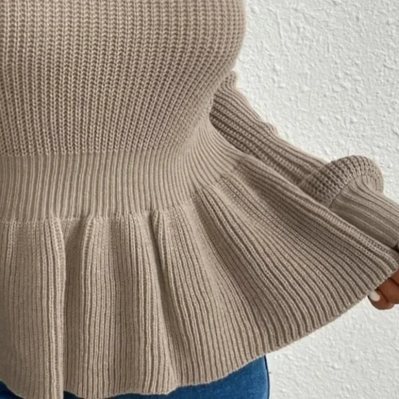 PEPLUM LANTERN SLEEVE KNIT SWEATER FALL WINTER CHIC CASUAL STREETWEAR - Picture 6 of 6